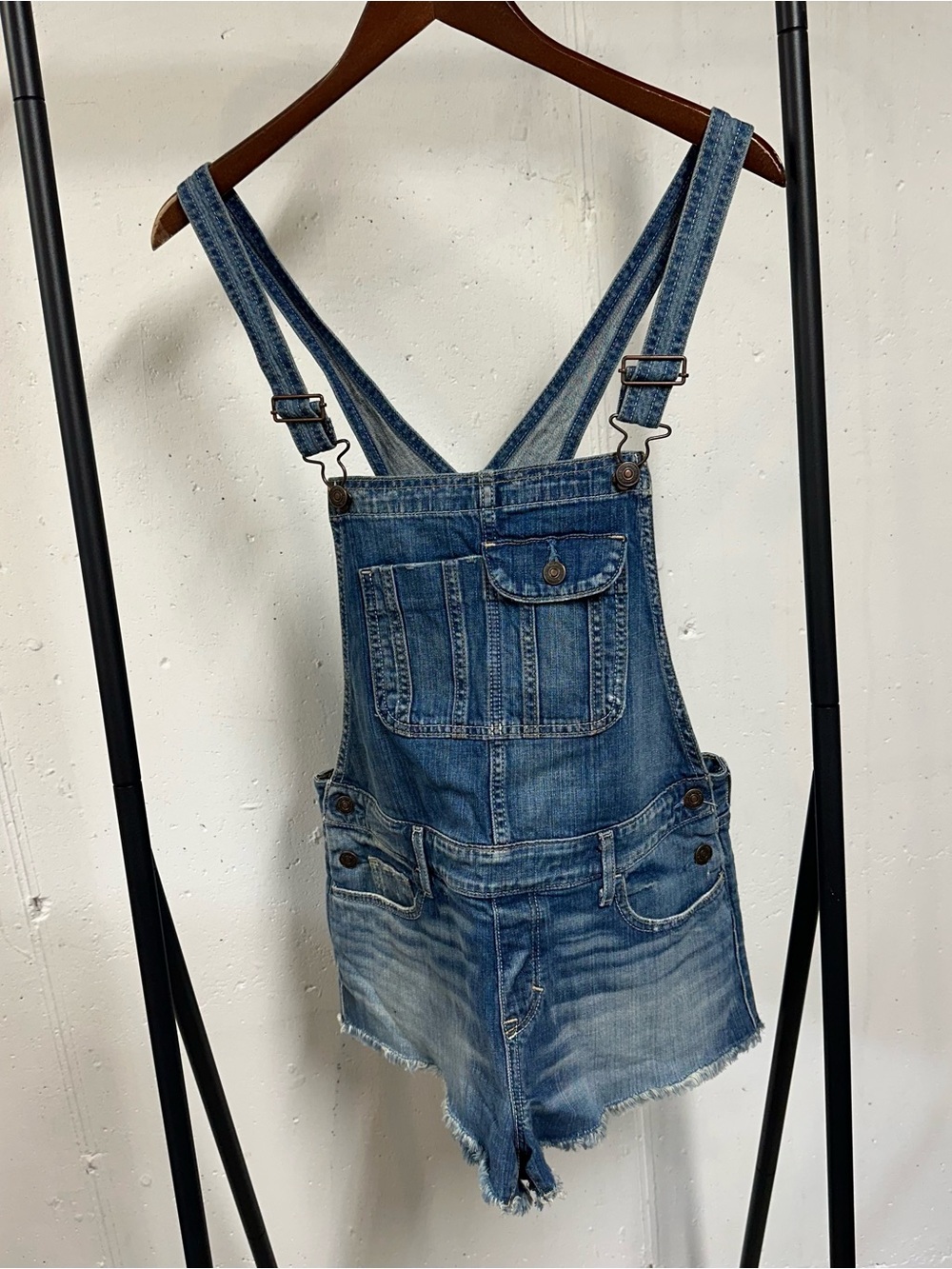 Abercrombie & Fitch Distressed Blue Denim Short Overalls